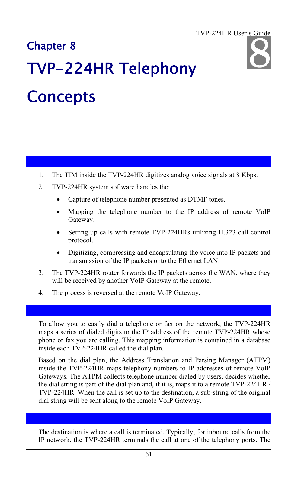 Chapter 8 - tvp-224hr telephony concepts, 1 how the tvp-224hr operates, 2 atpm | 3 destination, Chapter 8, Tvp-224hr telephony concepts, How the tvp-224hr operates, Atpm, Destination | TRENDnet TVP-224HR User Manual | Page 61 / 130