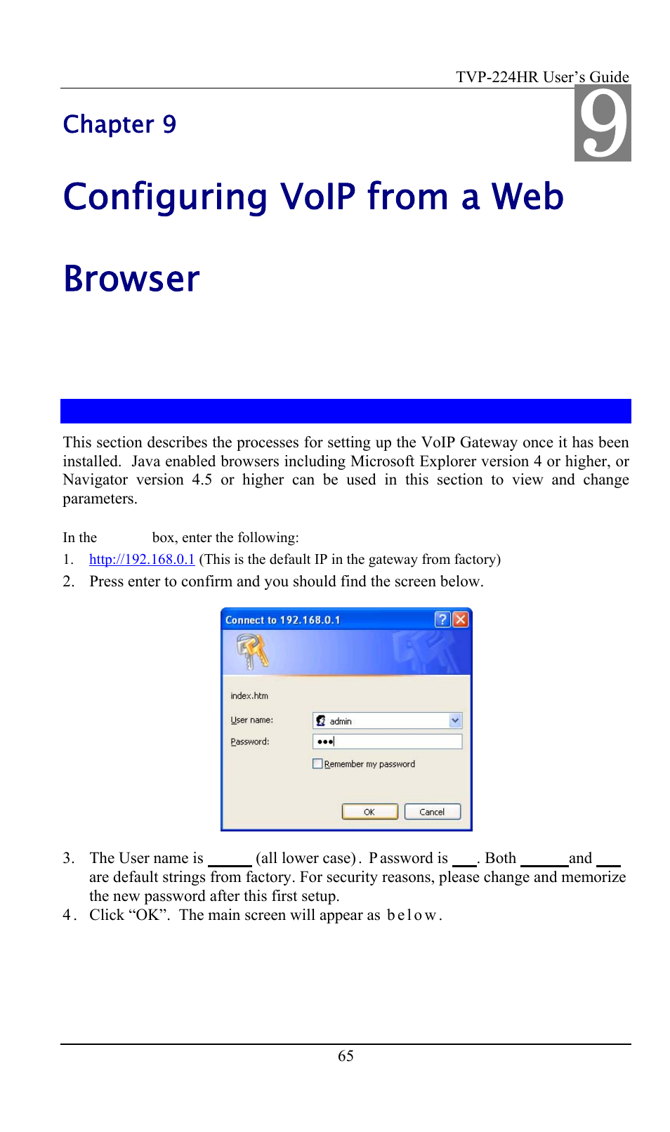 Chapter 9 - configuring voip from a web browser, 1 http setting mode, Chapter 9 | Configuring voip from a web browser, Http setting mode | TRENDnet TVP-224HR User Manual | Page 65 / 130