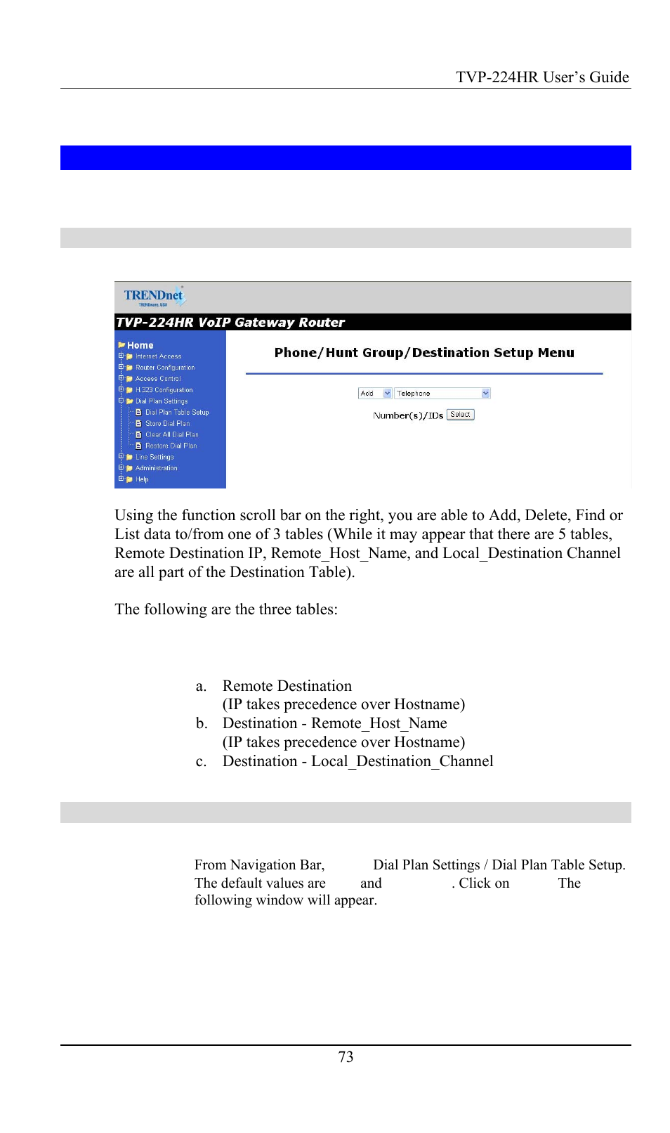 3 dial plan settings, Dial plan setup, Telephone number table | Dial plan settings | TRENDnet TVP-224HR User Manual | Page 73 / 130