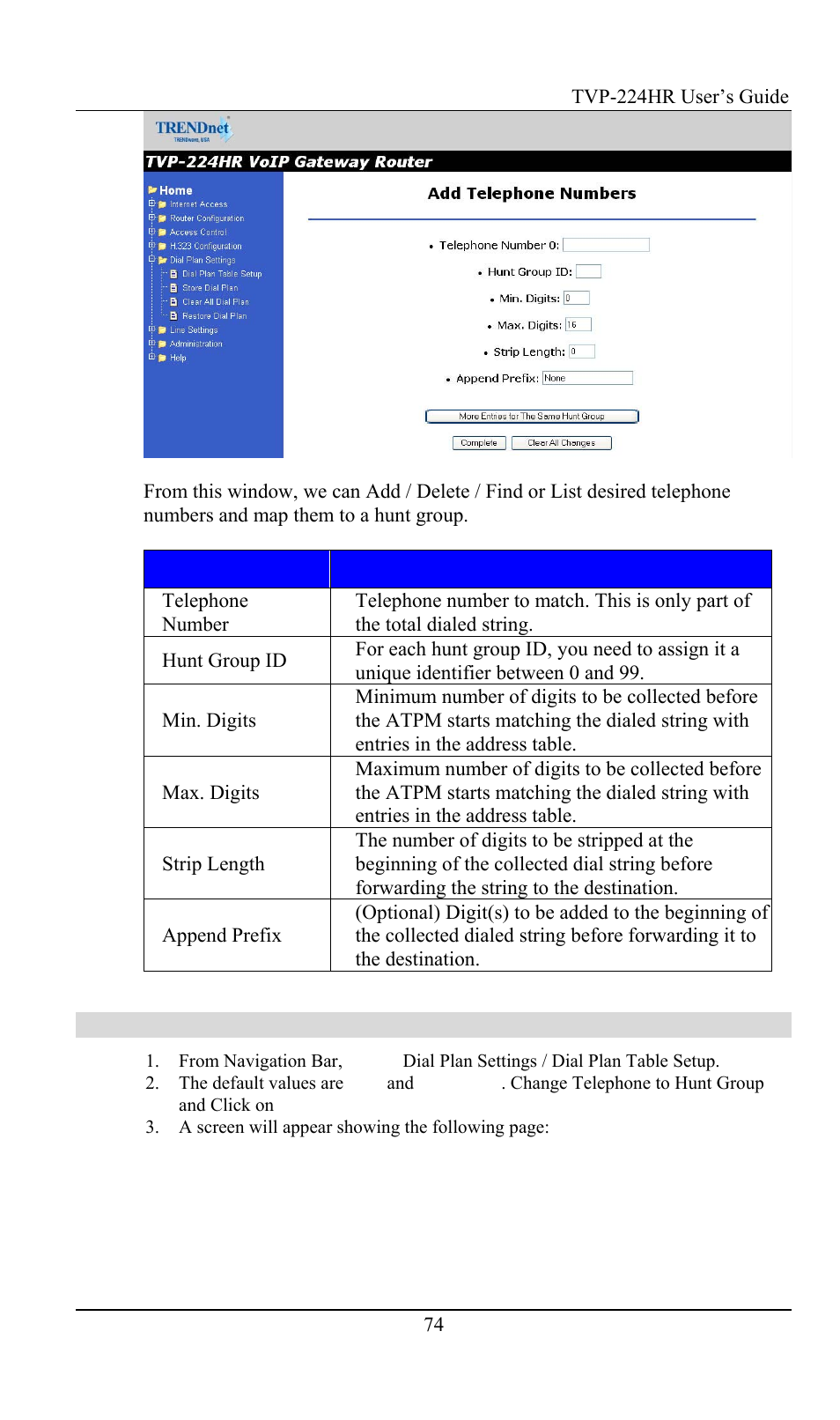 Hunt group table | TRENDnet TVP-224HR User Manual | Page 74 / 130