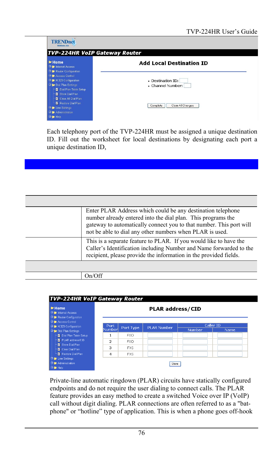 4 dial in plar / cid, Data – dial in plar / cid screen, Dial in plar / cid | TRENDnet TVP-224HR User Manual | Page 76 / 130