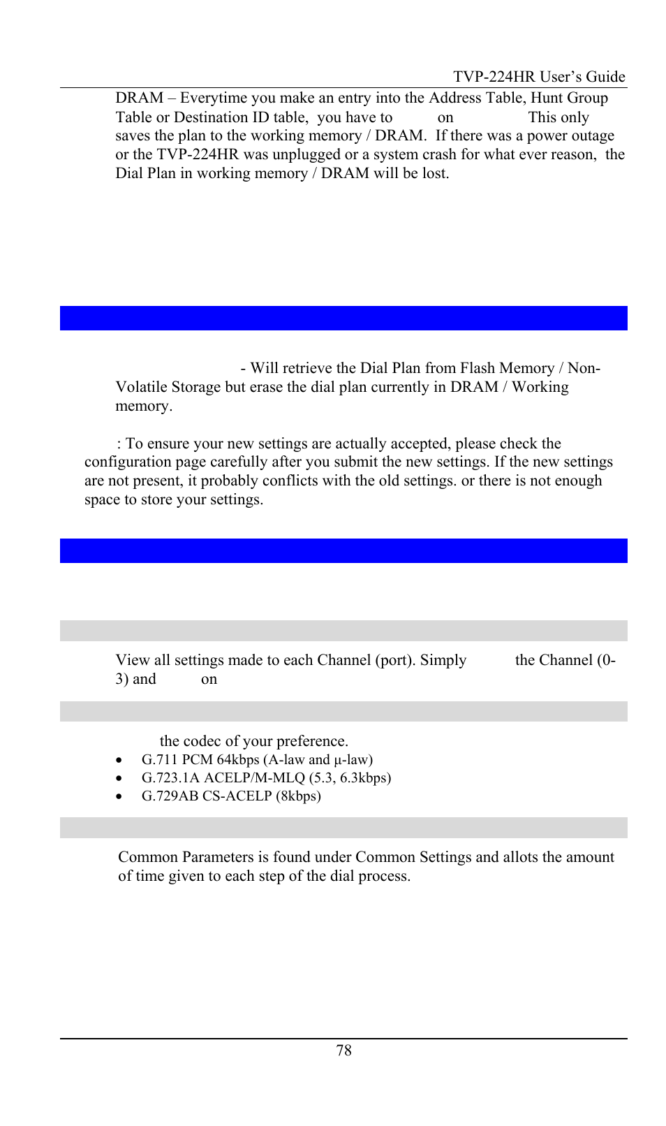 7 restore dial plan, 8 line settings, Channel status | Codec selection, Common parameters, Restore dial plan, Line settings | TRENDnet TVP-224HR User Manual | Page 78 / 130