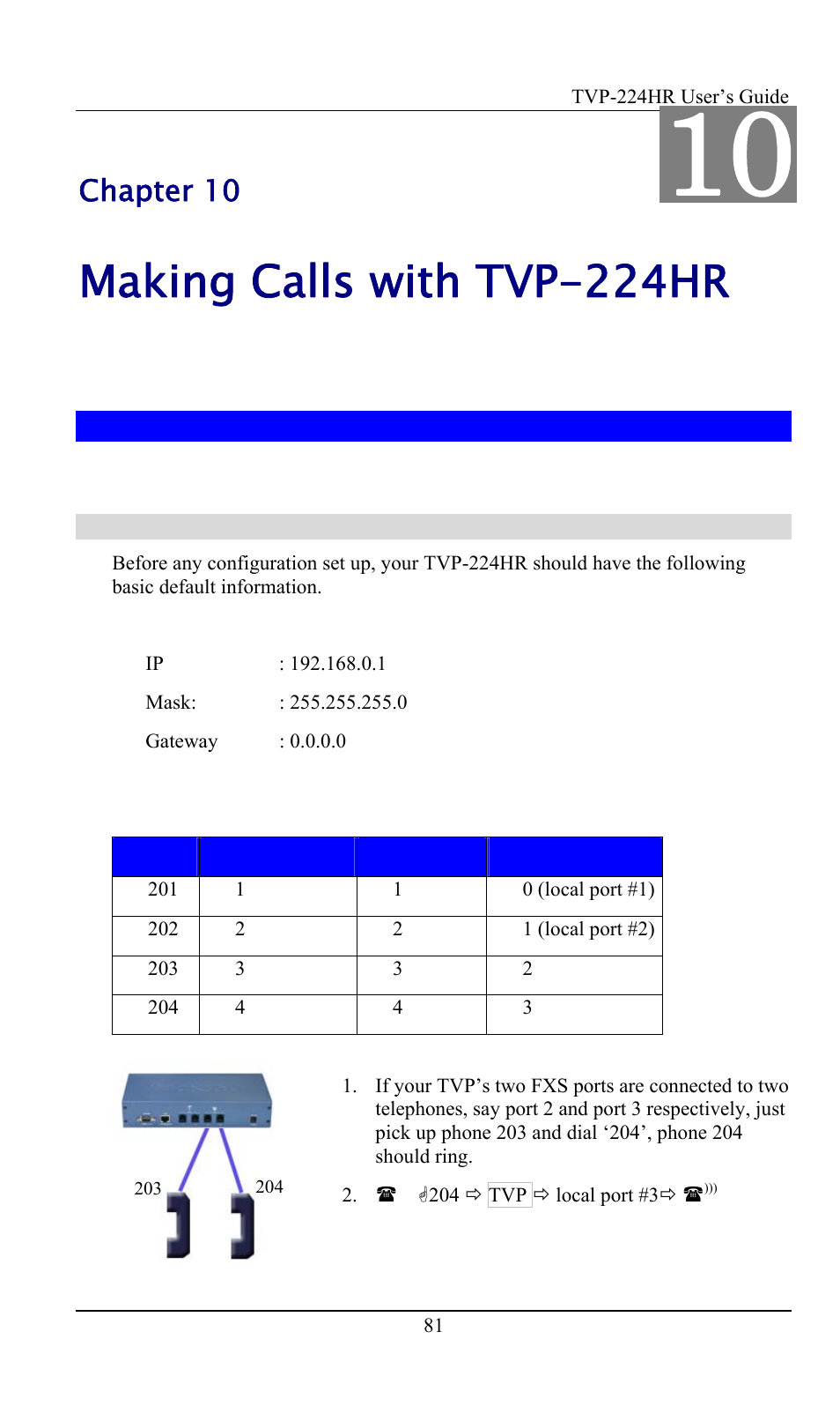 Chapter 10 - making calls with tvp-224hr, 1 configuration examples, Default dial plan | Chapter 10, Making calls with tvp-224hr, Configuration examples | TRENDnet TVP-224HR User Manual | Page 81 / 130