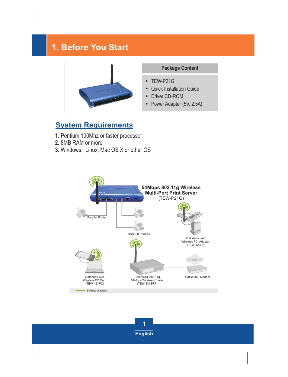 Before you start, System requirements | TRENDnet TEW-P21G User Manual | Page 3 / 11