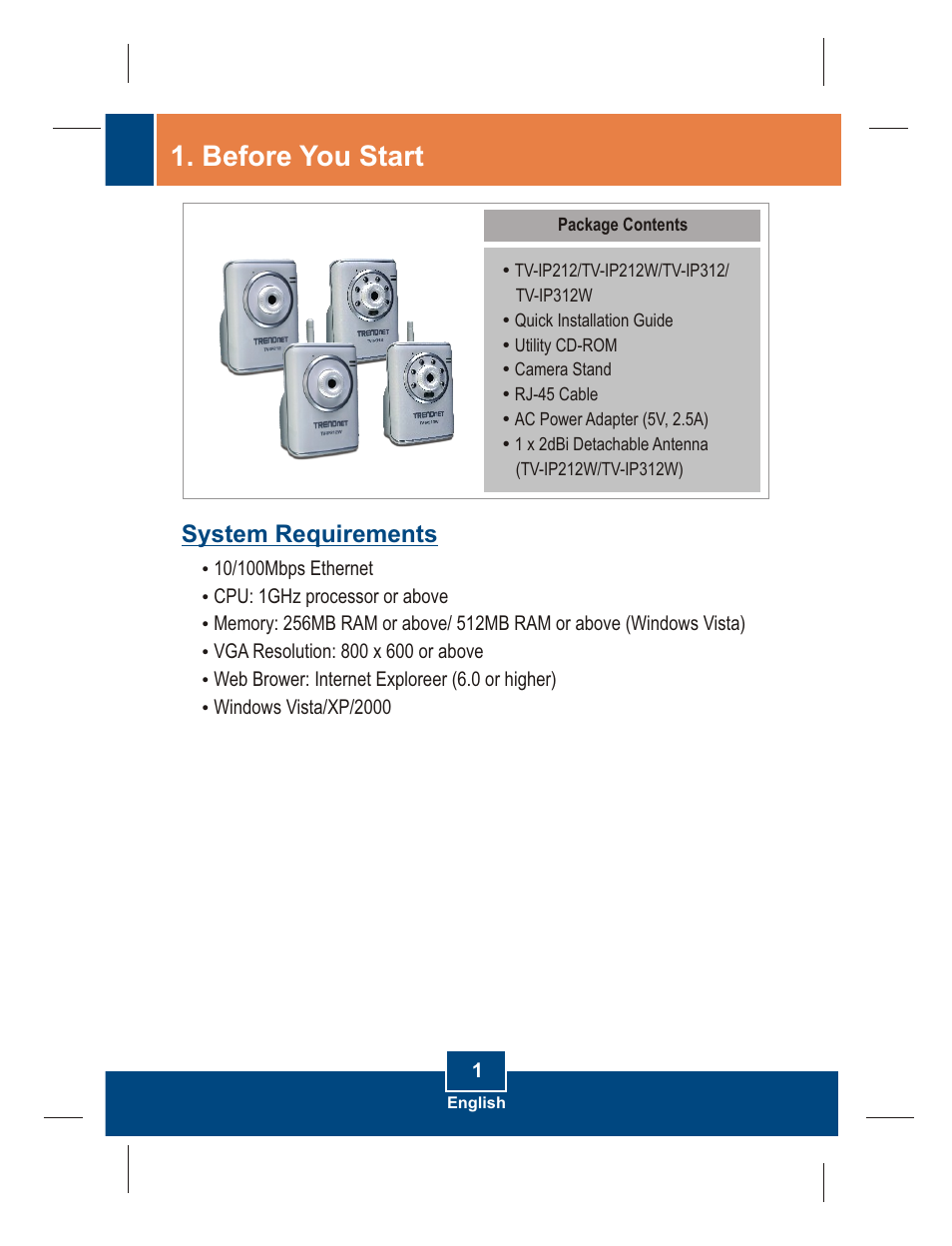 Before you start, System requirements | TRENDnet TV-IP312 User Manual | Page 3 / 11