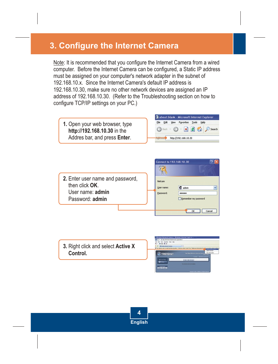 Configure the internet camera | TRENDnet TV-IP312 User Manual | Page 6 / 11