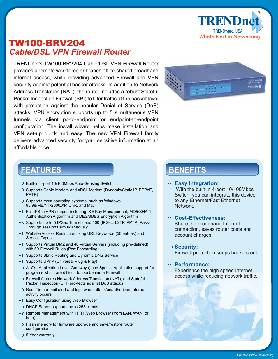 TRENDnet TW100 BRV204 User Manual | 2 pages