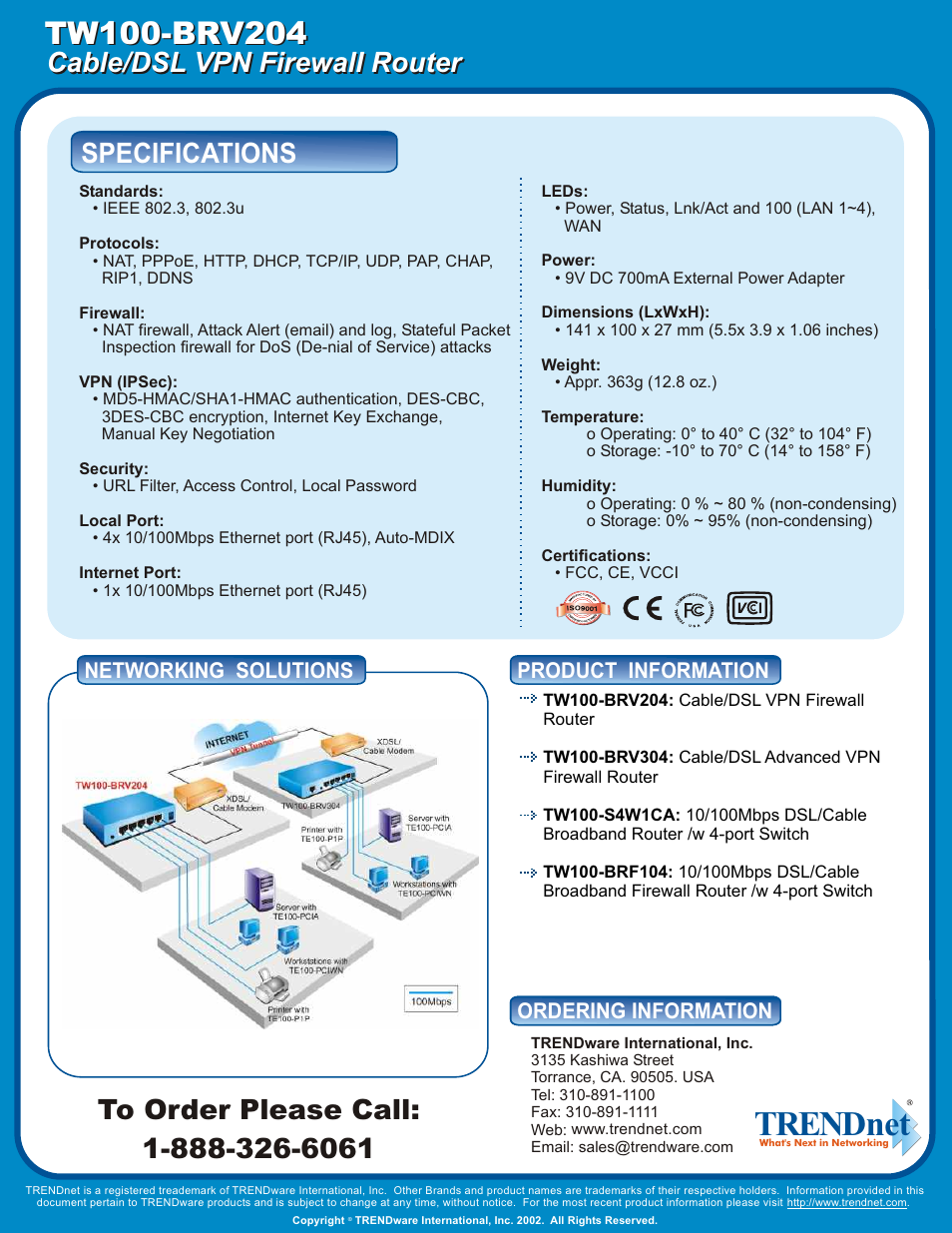 Trendnet, Specifications, Cable/dsl vpn firewall router | Product information, Networking solutions ordering information, Ordering information | TRENDnet TW100 BRV204 User Manual | Page 2 / 2