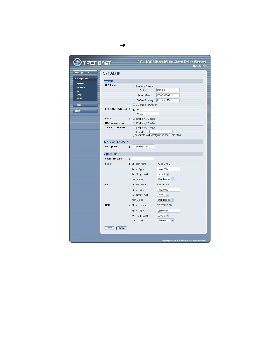 Configuration, Network | TRENDnet TE100-P21 User Manual | Page 54 / 110