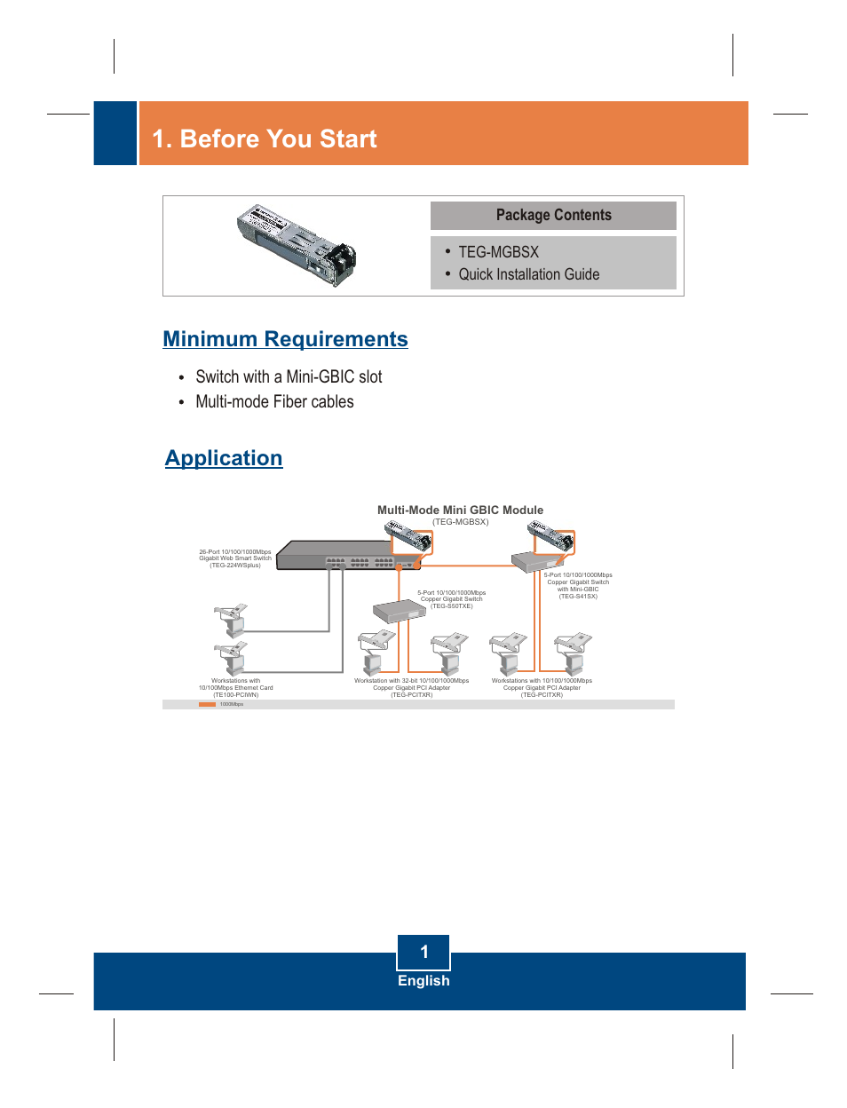 Before you start, Minimum requirements, Application | English | TRENDnet TEG-MGBSX User Manual | Page 3 / 9