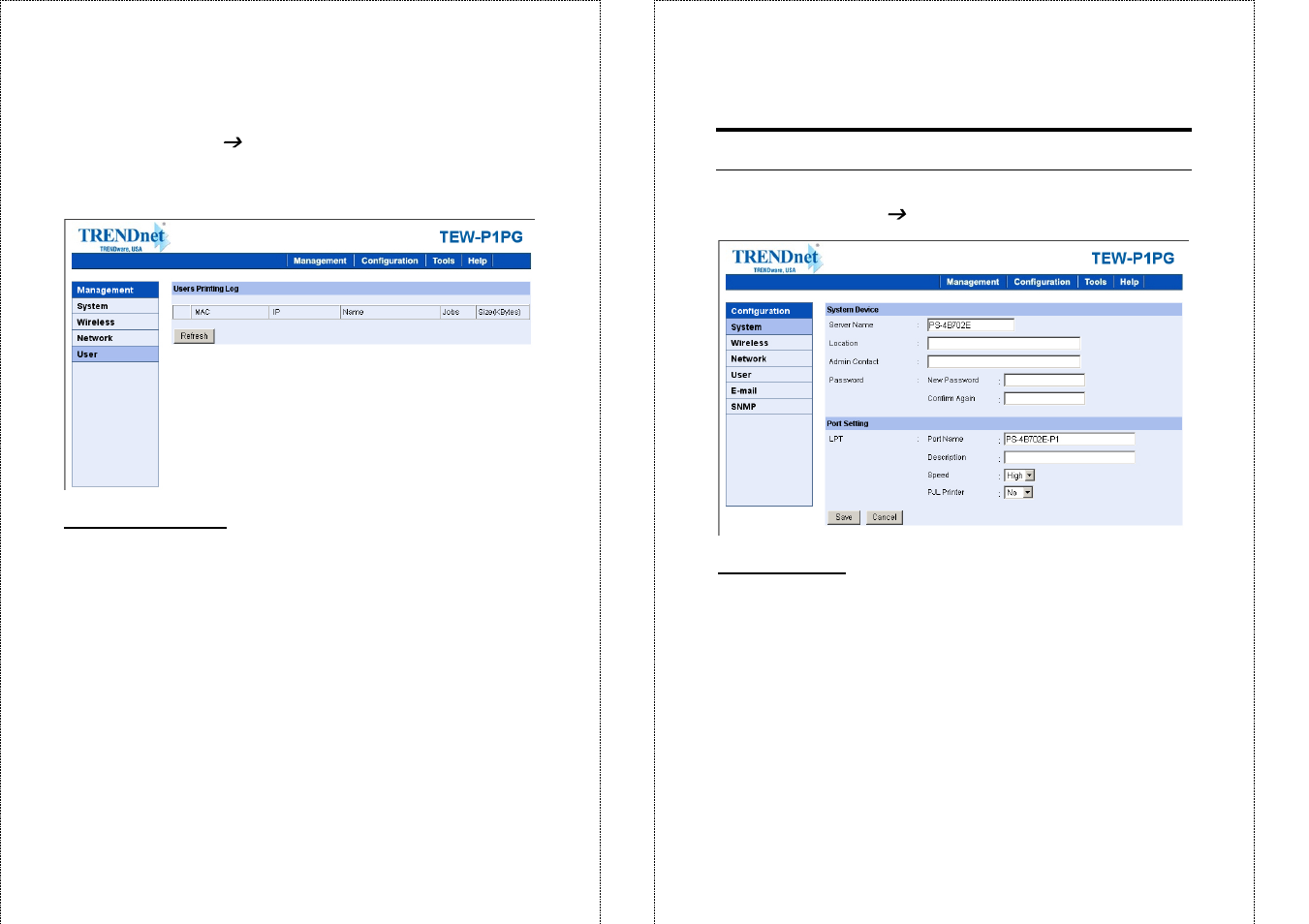 Configuration, Management, User | System | TRENDnet TEW-P1PG User Manual | Page 19 / 31