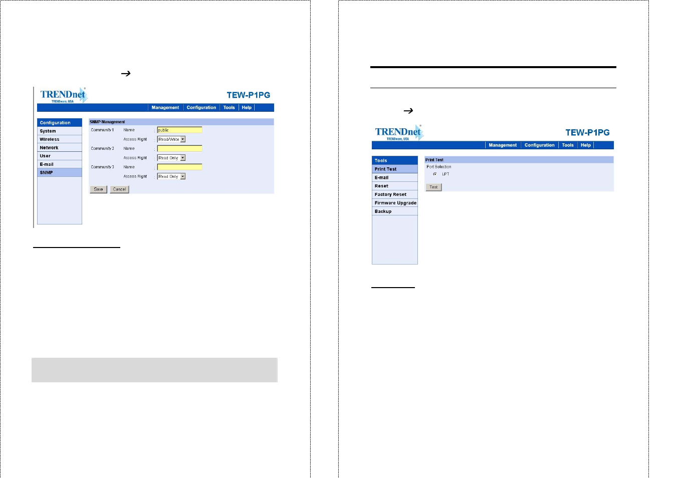 Tools, Configuration, Snmp | Tool, Print test | TRENDnet TEW-P1PG User Manual | Page 24 / 31