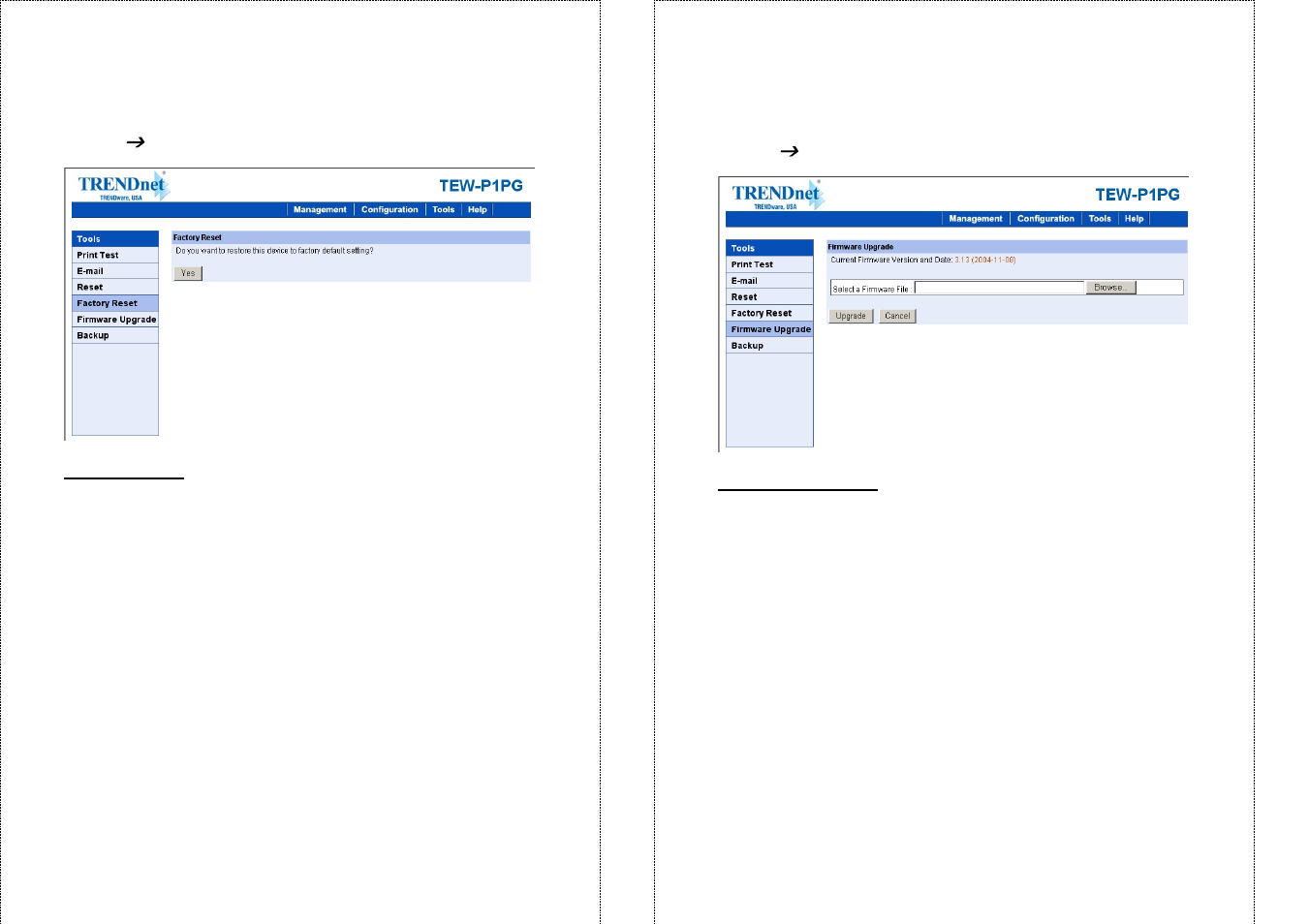 Tool, Factory reset, Firmware upgrade | TRENDnet TEW-P1PG User Manual | Page 26 / 31