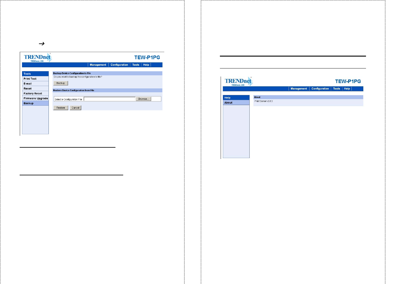Help, Tool, Backup | TRENDnet TEW-P1PG User Manual | Page 27 / 31