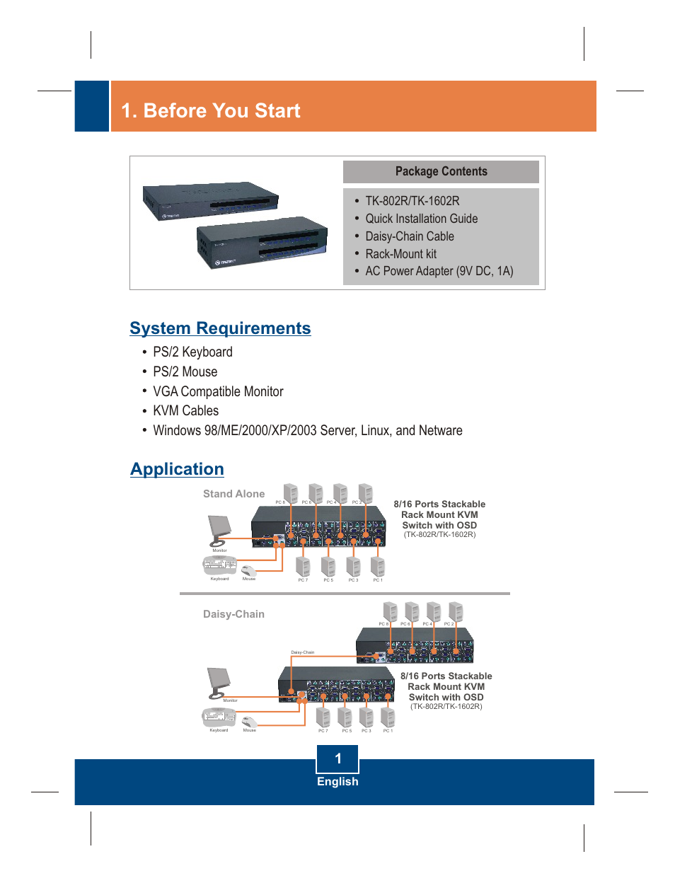 Before you start, System requirements application, Package contents | English, Stand alone, Daisy-chain | TRENDnet TK-802R User Manual | Page 3 / 16