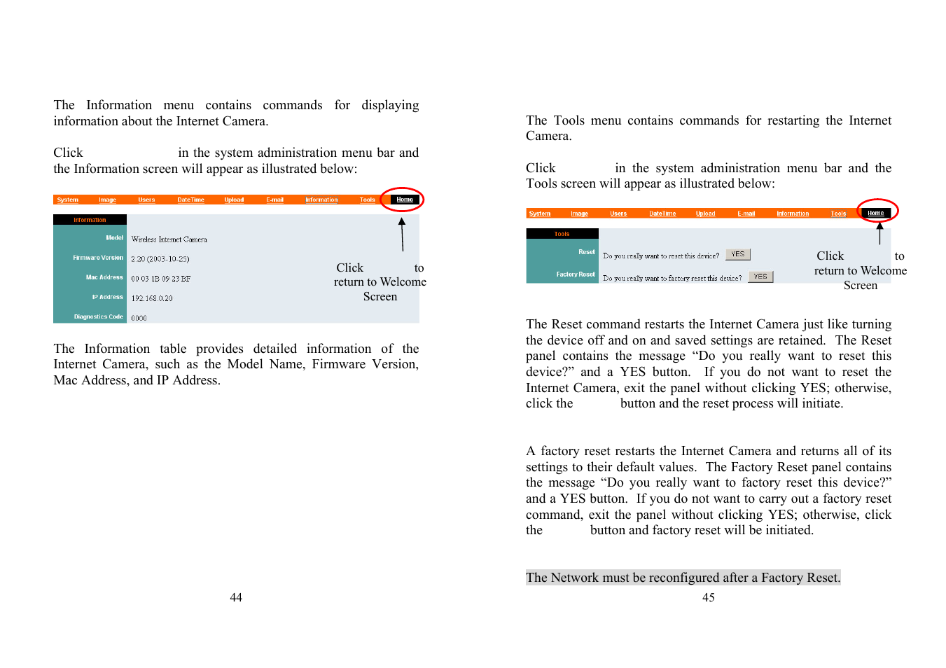 System administration - information, System administration - tools | TRENDnet TV-IP100 User Manual | Page 23 / 55