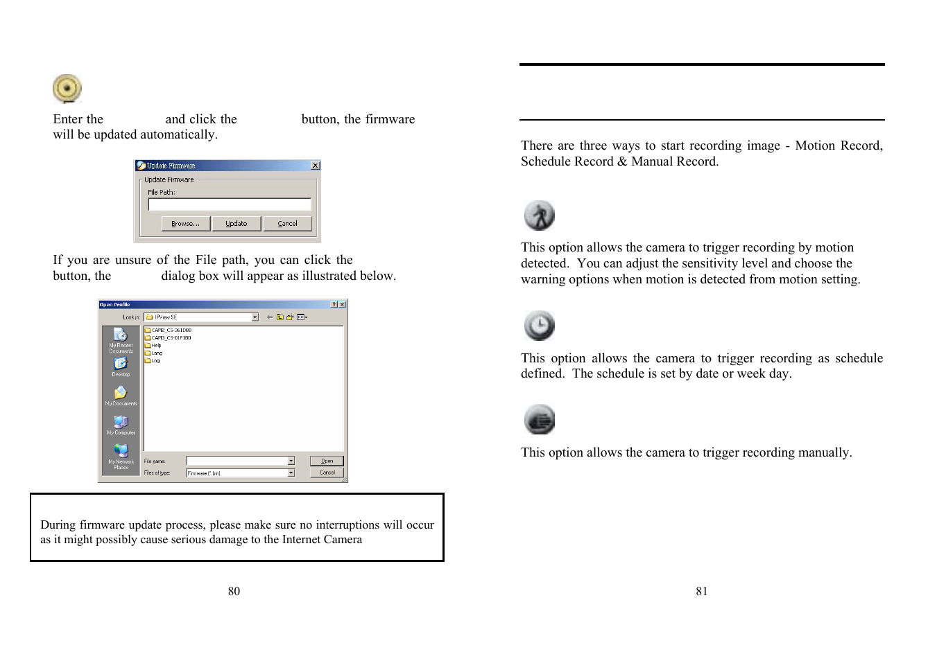 How to adjust the recording setting, Update firmware, Motion record | Schedule record, Manual record | TRENDnet TV-IP100 User Manual | Page 41 / 55