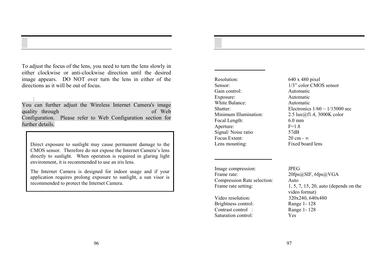 F adjust internet camera focus, G specification | TRENDnet TV-IP100 User Manual | Page 49 / 55