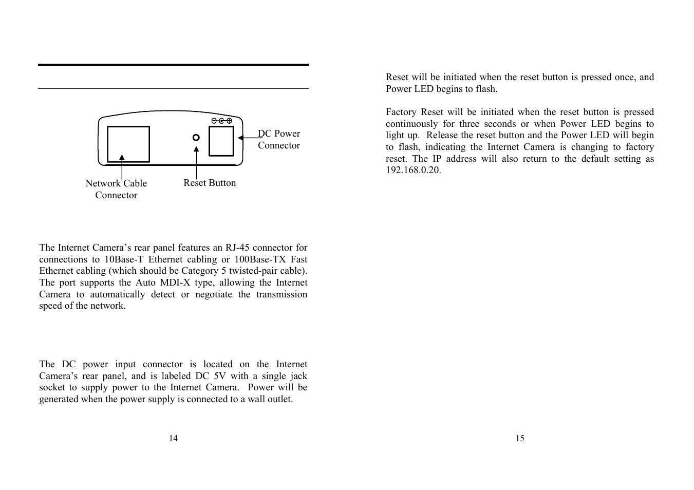 Rear panel, Network cable connector, Dc power connector | Reset button | TRENDnet TV-IP100 User Manual | Page 8 / 55