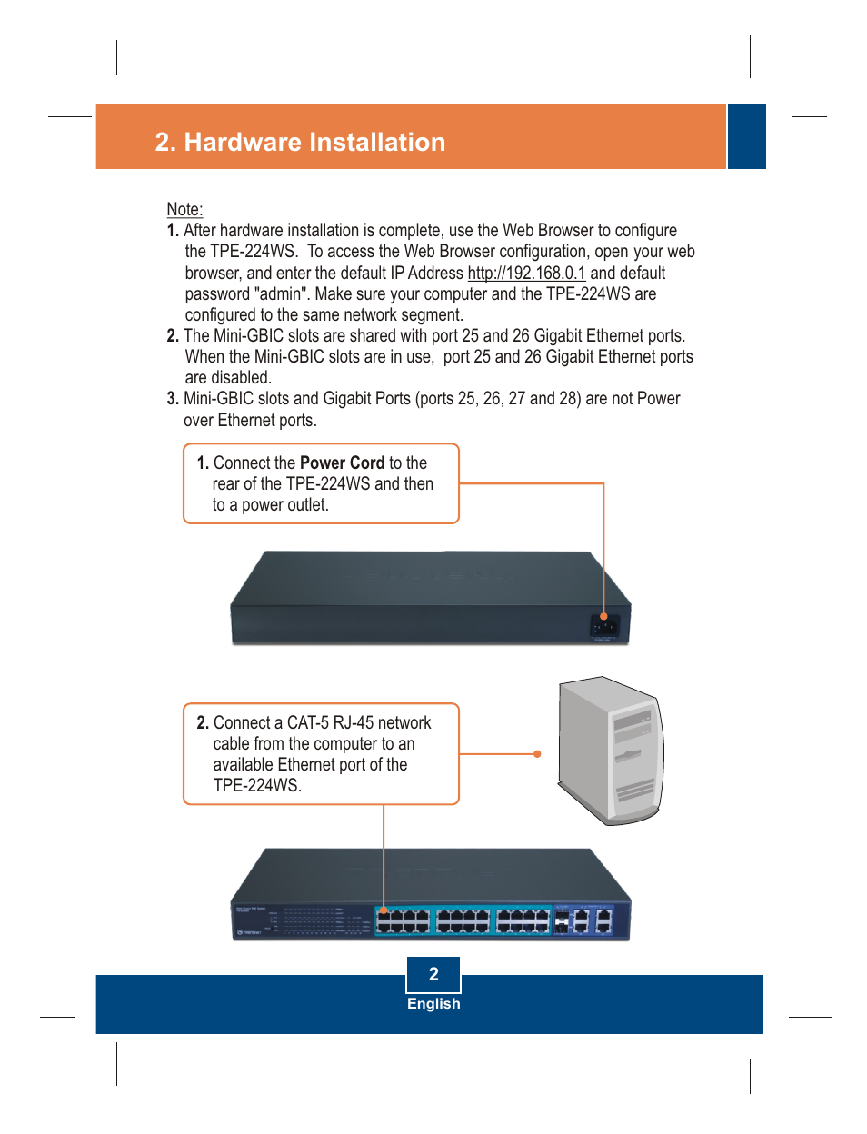 Hardware installation | TRENDnet TPE-224WS User Manual | Page 4 / 10
