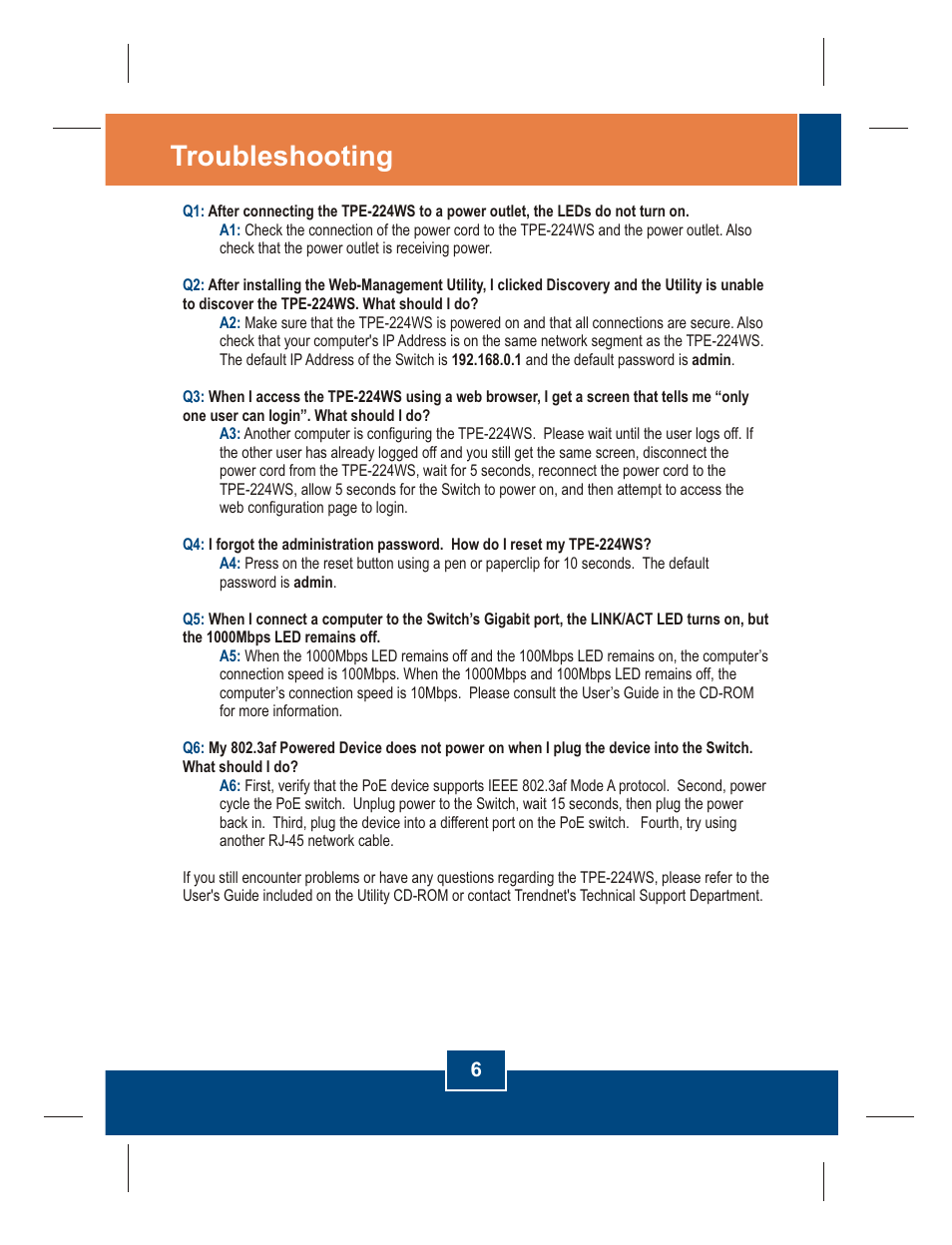 Troubleshooting | TRENDnet TPE-224WS User Manual | Page 8 / 10