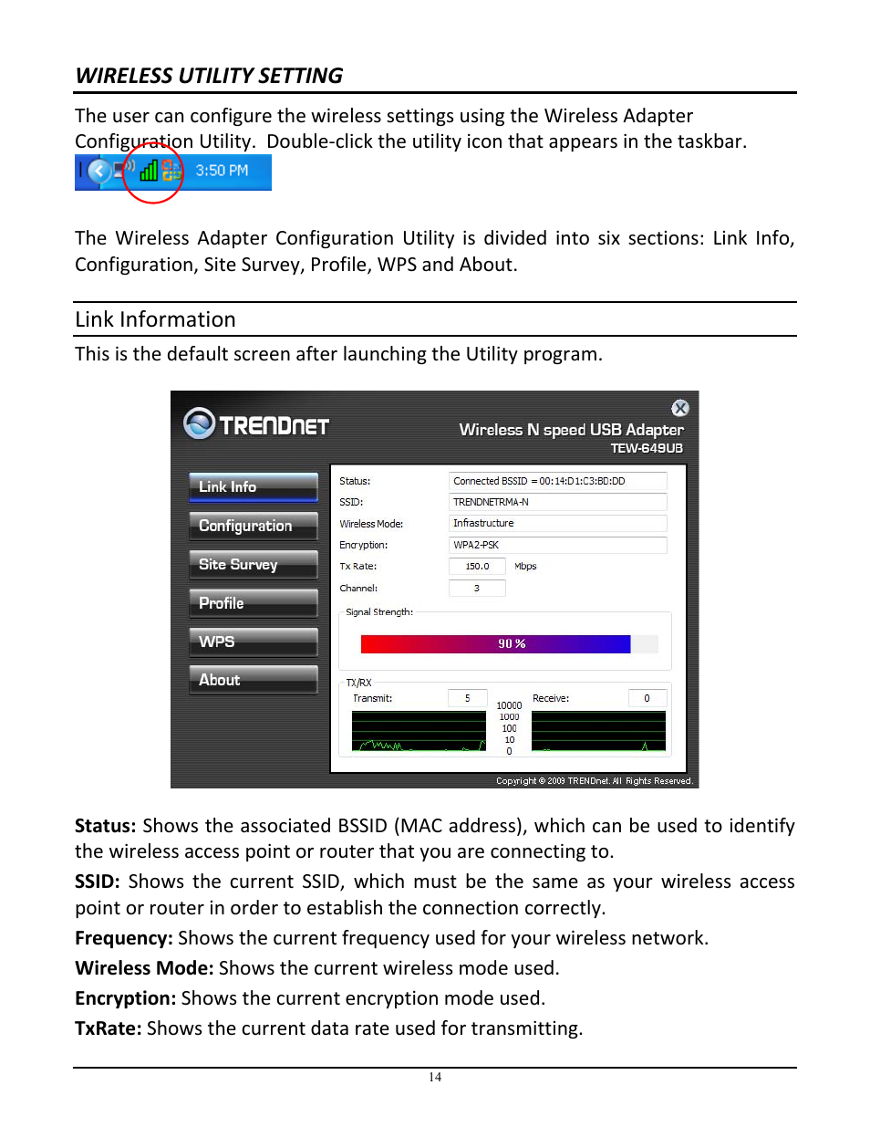 Wireless utility setting, Link information | TRENDnet NSPEED TEW-649UB User Manual | Page 15 / 32