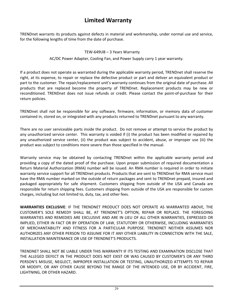 Limited warranty | TRENDnet NSPEED TEW-649UB User Manual | Page 30 / 32