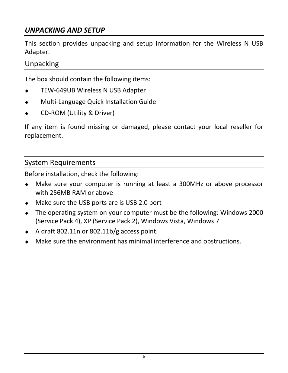 Unpacking and setup, Unpacking, System requirements | TRENDnet NSPEED TEW-649UB User Manual | Page 7 / 32