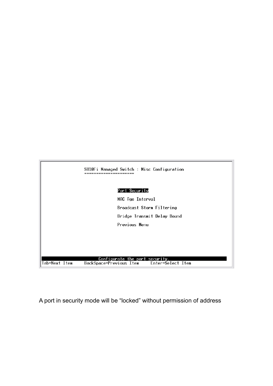 3-7.misc configuration, 3-7-1.port security | TRENDnet TE100 S810Fi User Manual | Page 33 / 84