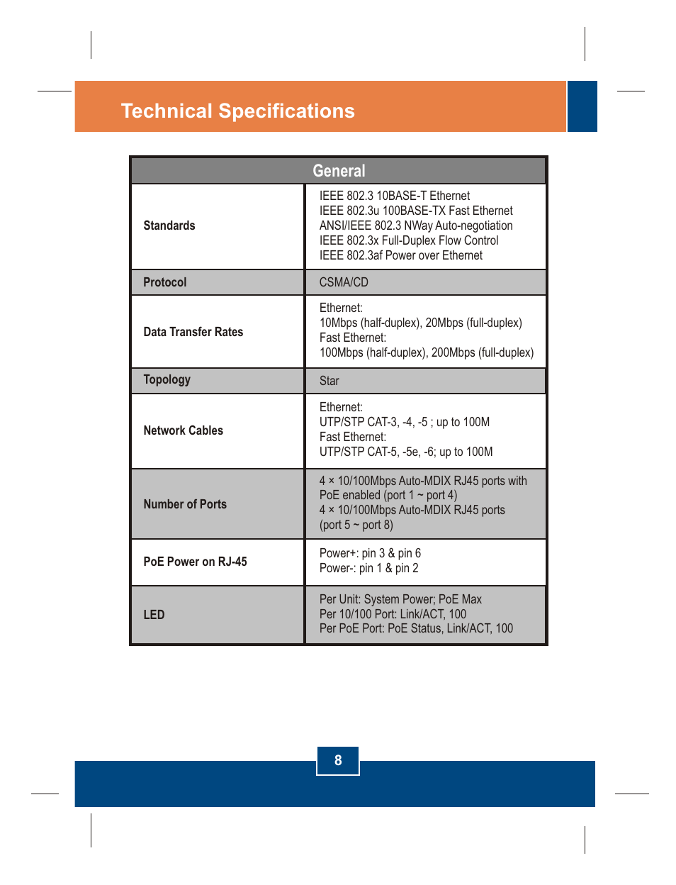 Technical specifications, General | TRENDnet TPE-S44 User Manual | Page 10 / 16