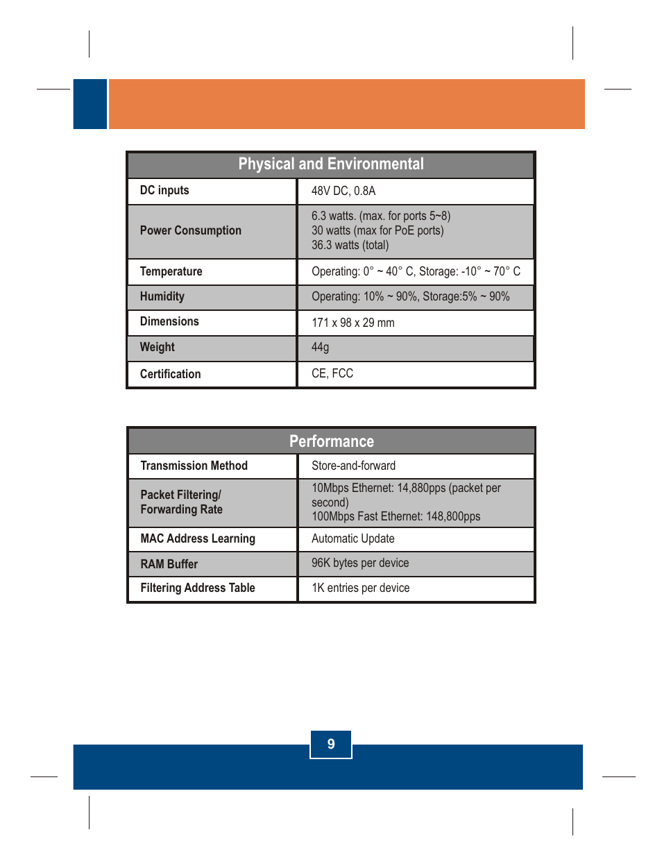 Physical and environmental, Performance | TRENDnet TPE-S44 User Manual | Page 11 / 16