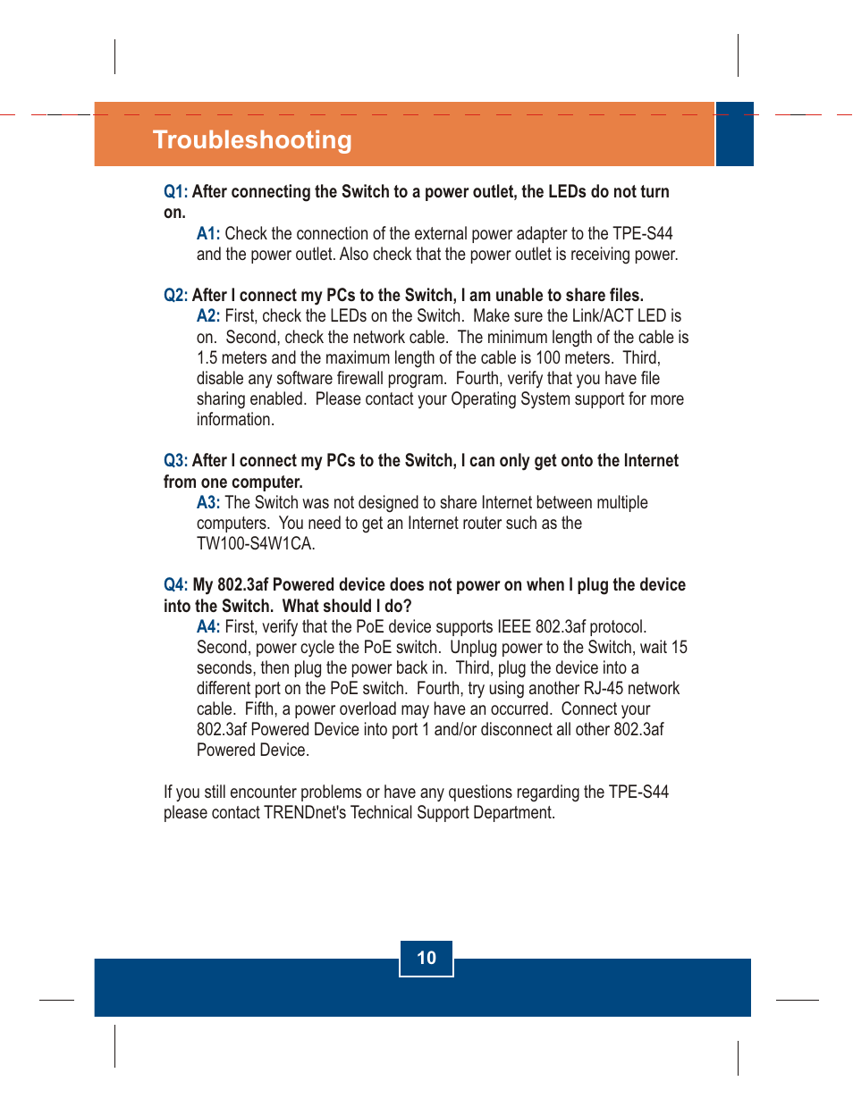 Troubleshooting | TRENDnet TPE-S44 User Manual | Page 12 / 16