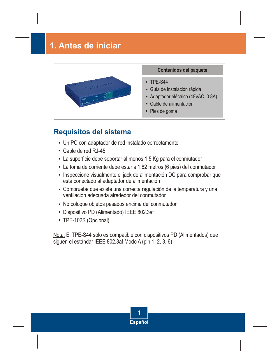 Antes de iniciar, Requisitos del sistema | TRENDnet TPE-S44 User Manual | Page 3 / 16