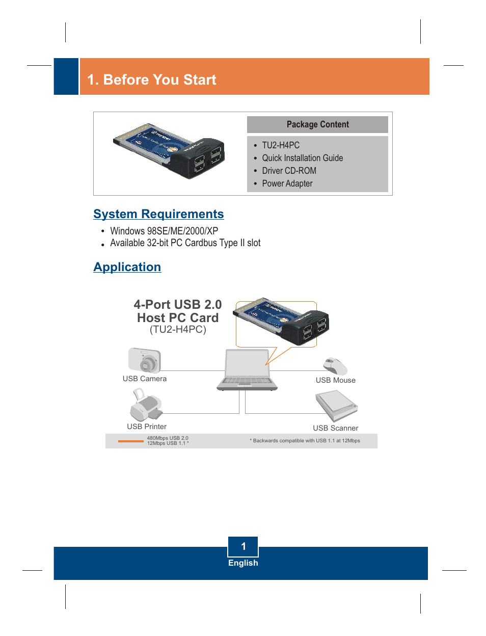 Before you start, System requirements application, Port usb 2.0 host pc card | TRENDnet TU2-H4PC User Manual | Page 3 / 10