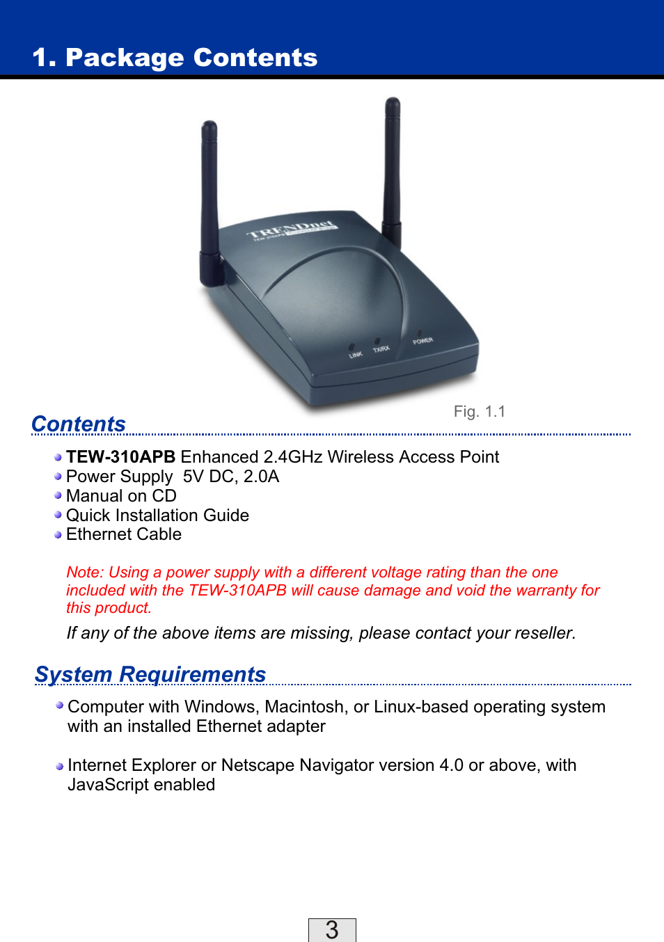 Package contents, System requirements contents | TRENDnet TEW-310APB User Manual | Page 3 / 46