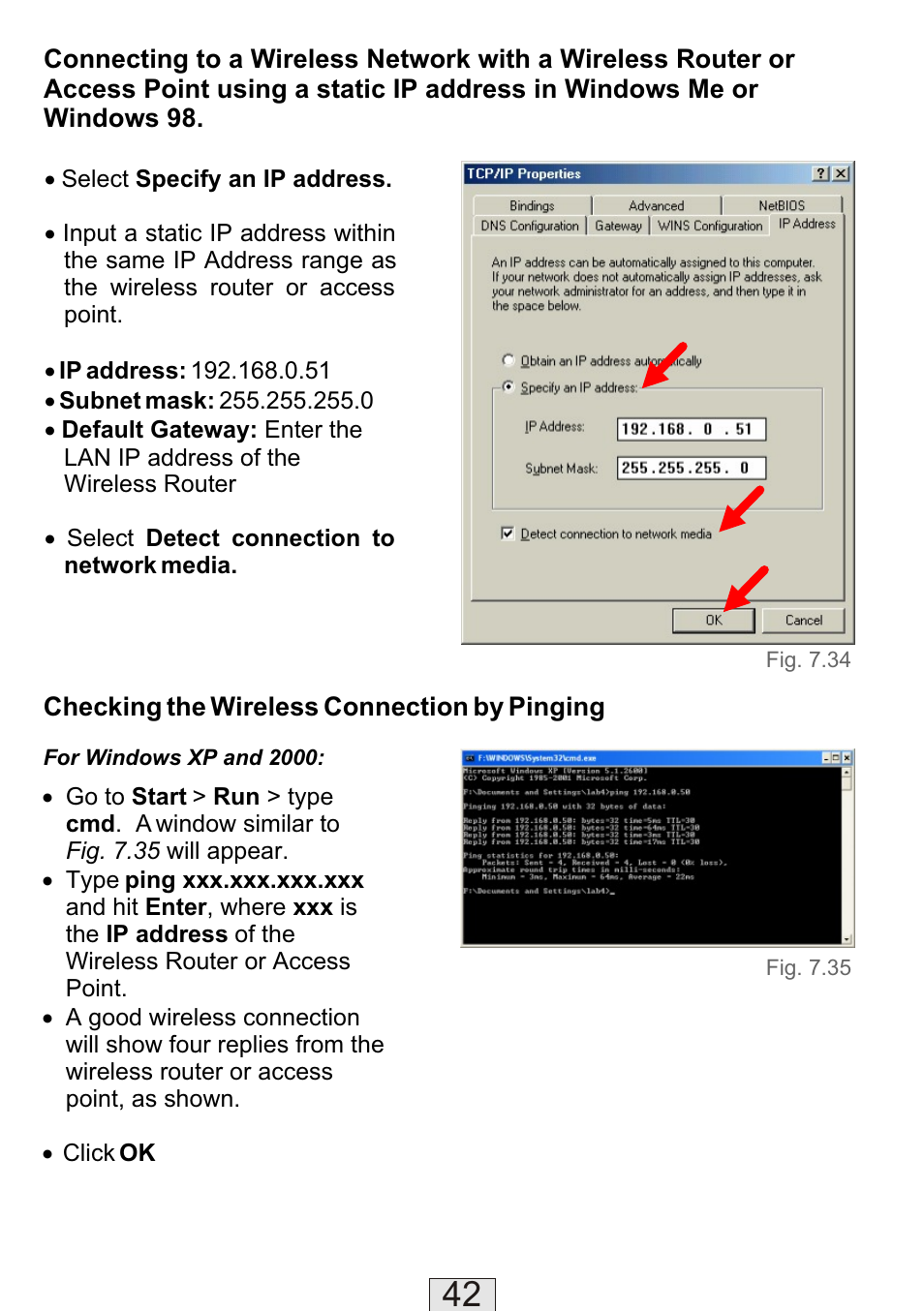 Checking the wireless connection by pinging, Select specify an ip address, Select detect connection to network media | TRENDnet TEW-310APB User Manual | Page 42 / 46