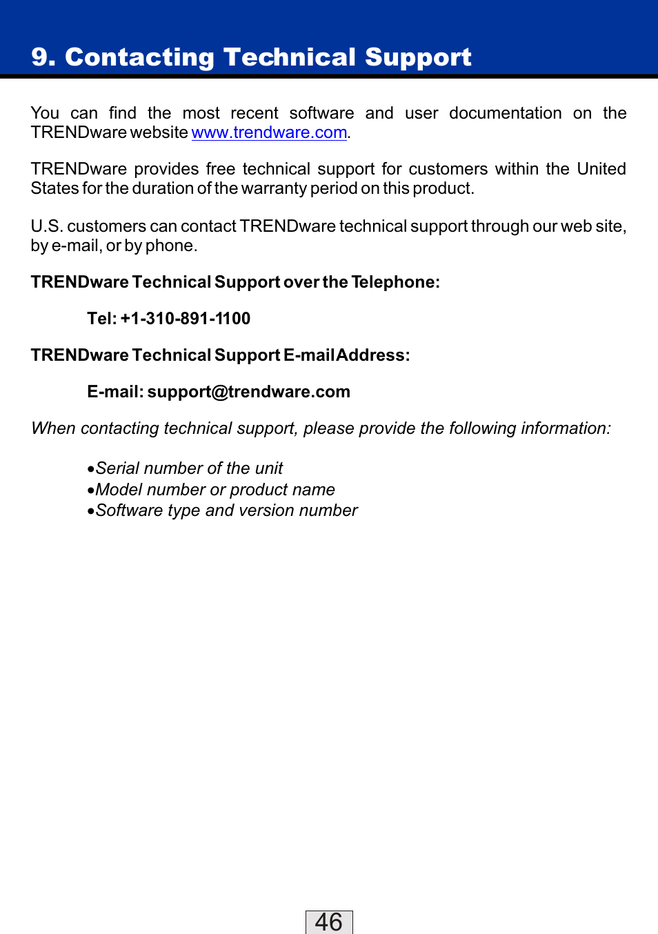 Contacting technical support | TRENDnet TEW-310APB User Manual | Page 46 / 46