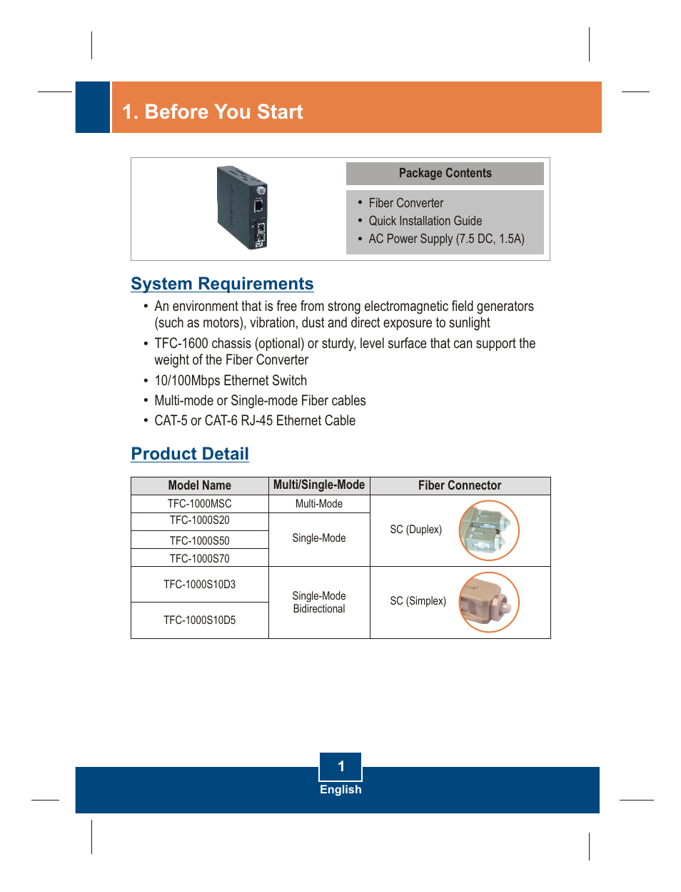 Before you start, System requirements product detail | TRENDnet 1000 Base-SX/LX User Manual | Page 3 / 12