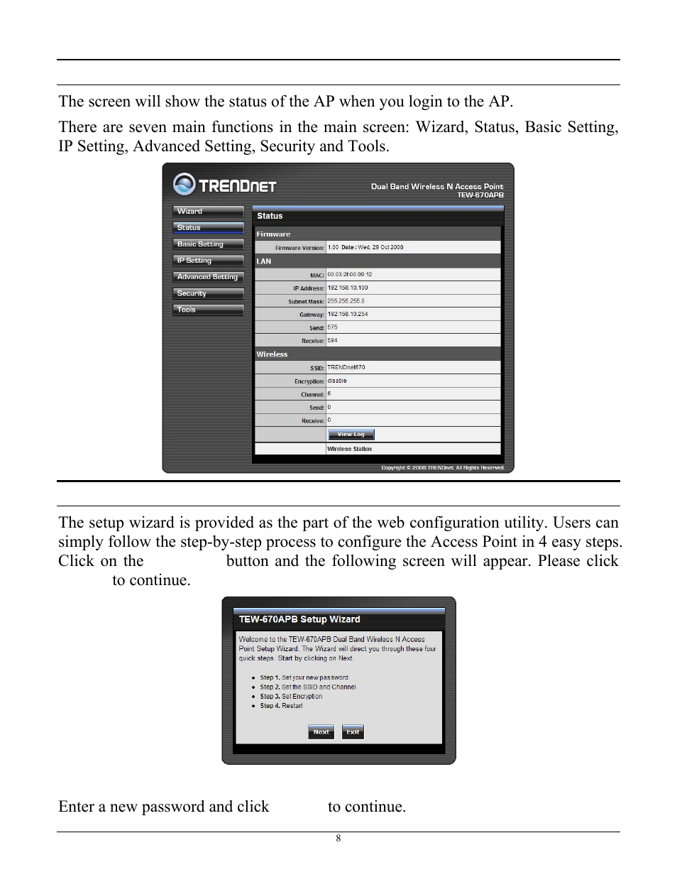 Main screen of the access point, Wizard | TRENDnet TEW-670APB User Manual | Page 16 / 42