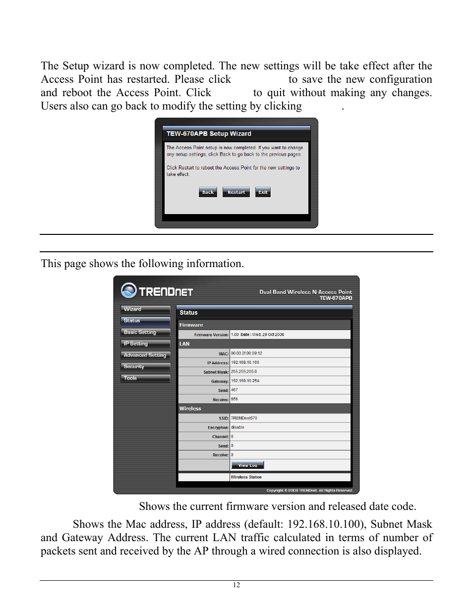 Status, This page shows the following information | TRENDnet TEW-670APB User Manual | Page 20 / 42