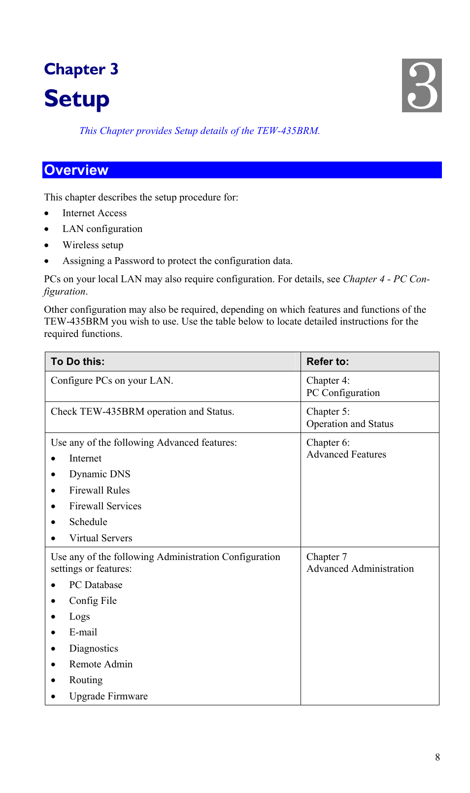 Chapter 3 setup, Overview, Setup | TRENDnet TEW-435BRM User Manual | Page 11 / 81