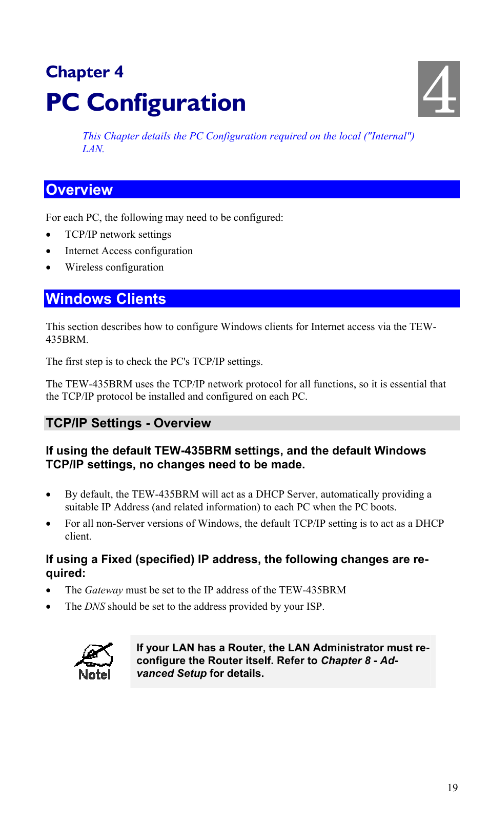 Chapter 4 pc configuration, Overview, Windows clients 4 | Pc configuration, Chapter 4 | TRENDnet TEW-435BRM User Manual | Page 22 / 81