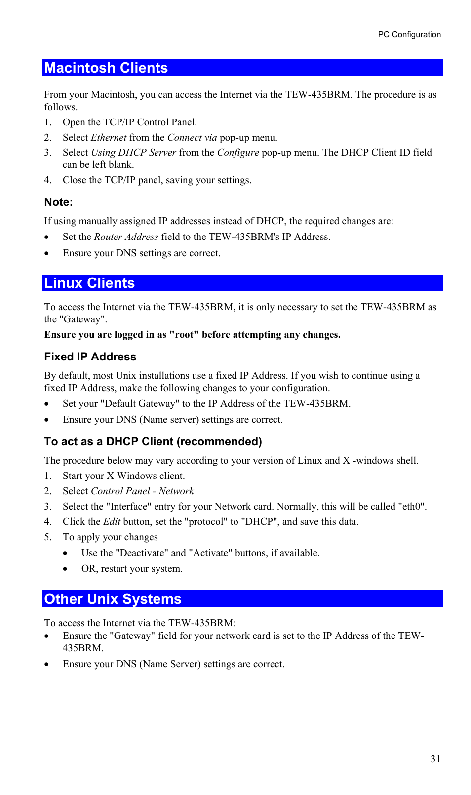 Macintosh clients, Linux clients, Other unix systems | TRENDnet TEW-435BRM User Manual | Page 34 / 81
