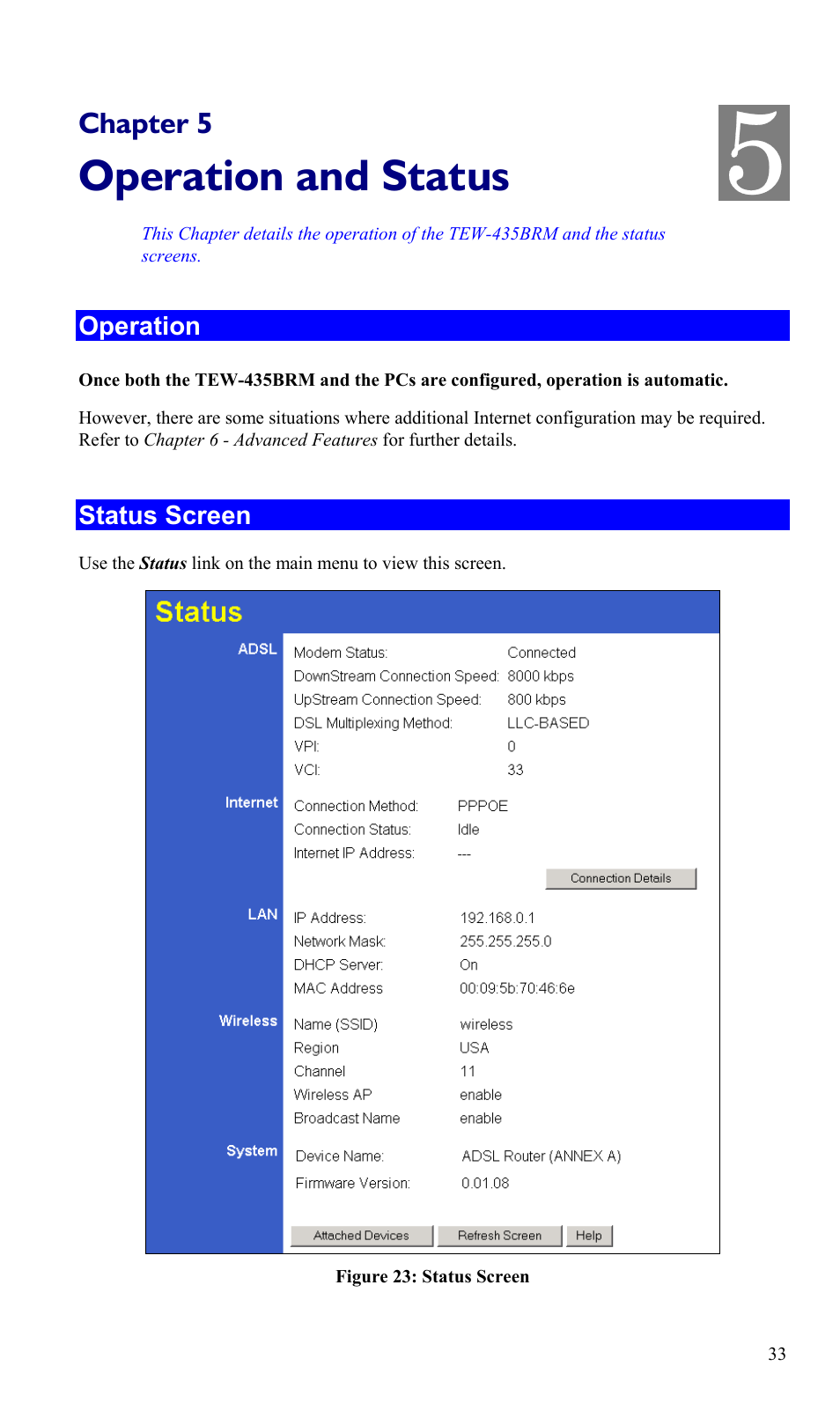Chapter 5 operation and status, Operation, Status screen | Operation and status | TRENDnet TEW-435BRM User Manual | Page 36 / 81