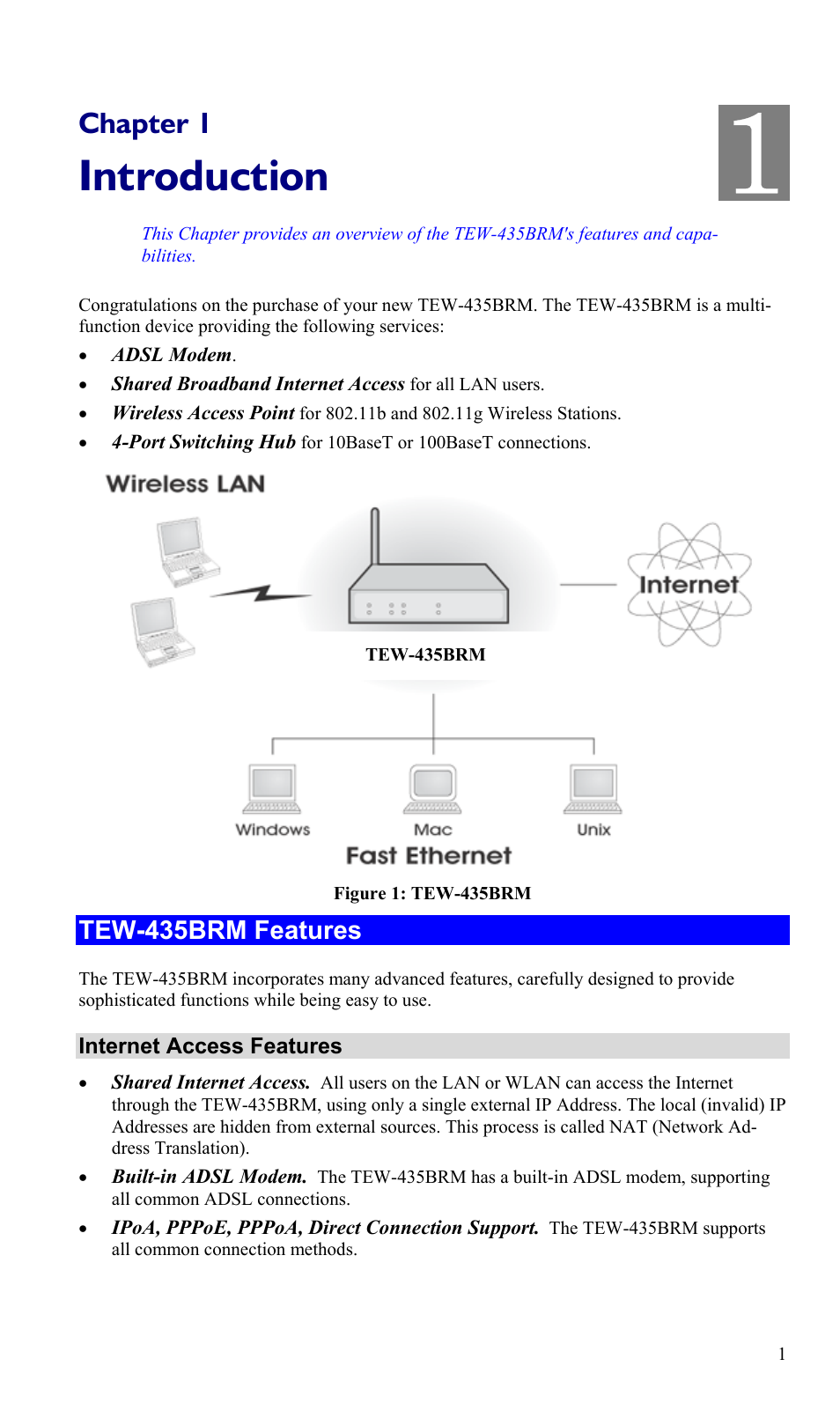 Chapter 1 introduction, Tew-435brm features, Introduction | Chapter 1 | TRENDnet TEW-435BRM User Manual | Page 4 / 81