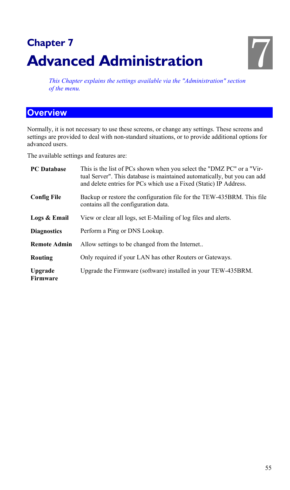 Chapter 7 advanced administration, Overview, Advanced administration | Chapter 7 | TRENDnet TEW-435BRM User Manual | Page 58 / 81