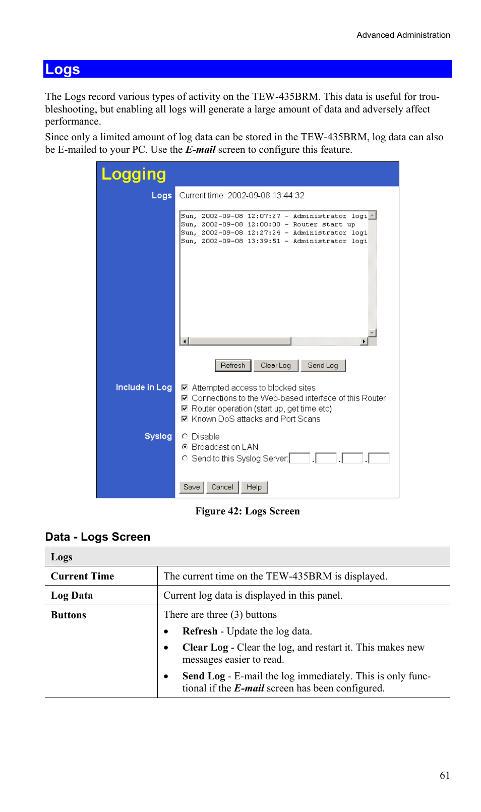 Logs | TRENDnet TEW-435BRM User Manual | Page 64 / 81