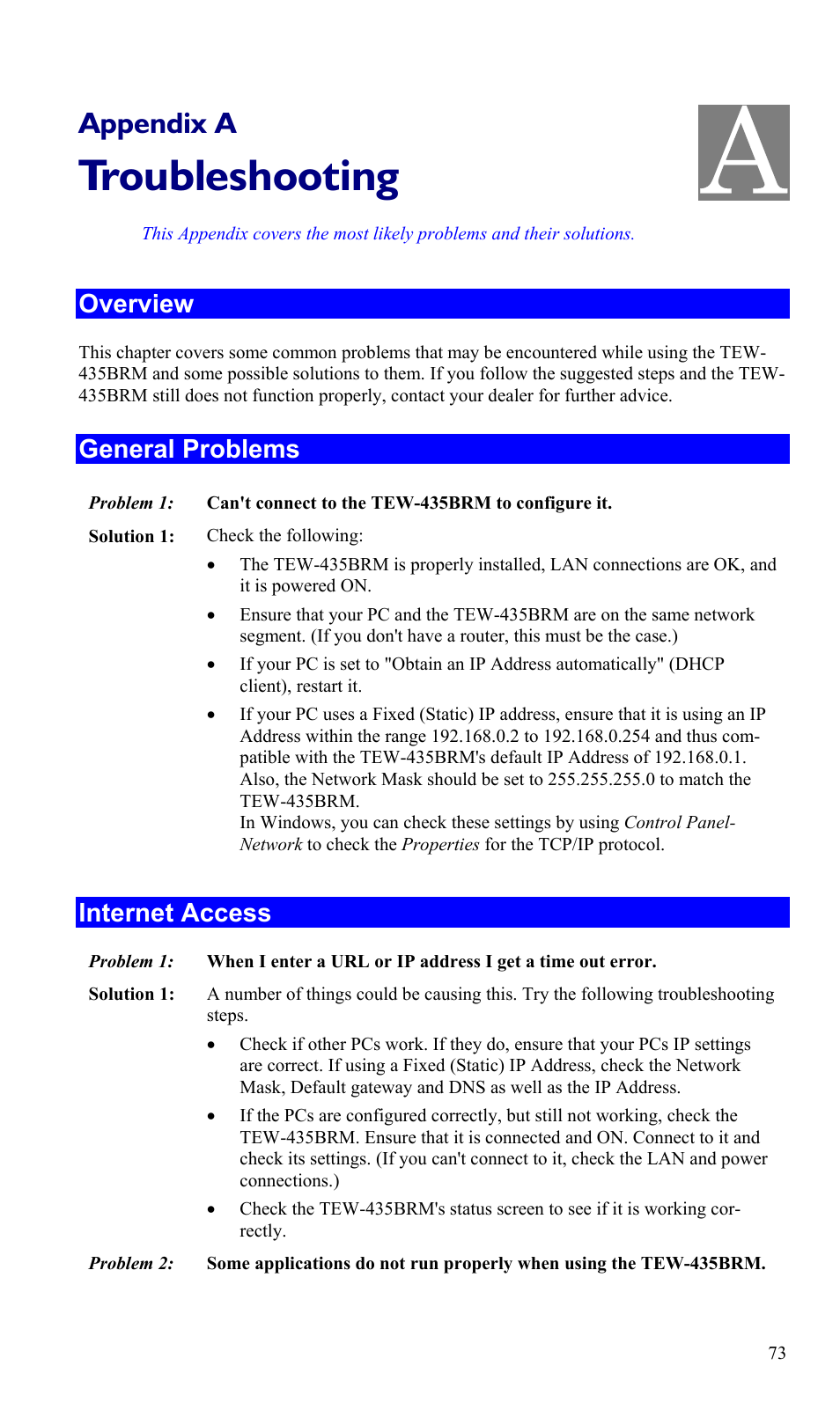 Appendix a troubleshooting, Overview, General problems | Internet access, Troubleshooting, Appendix a | TRENDnet TEW-435BRM User Manual | Page 76 / 81