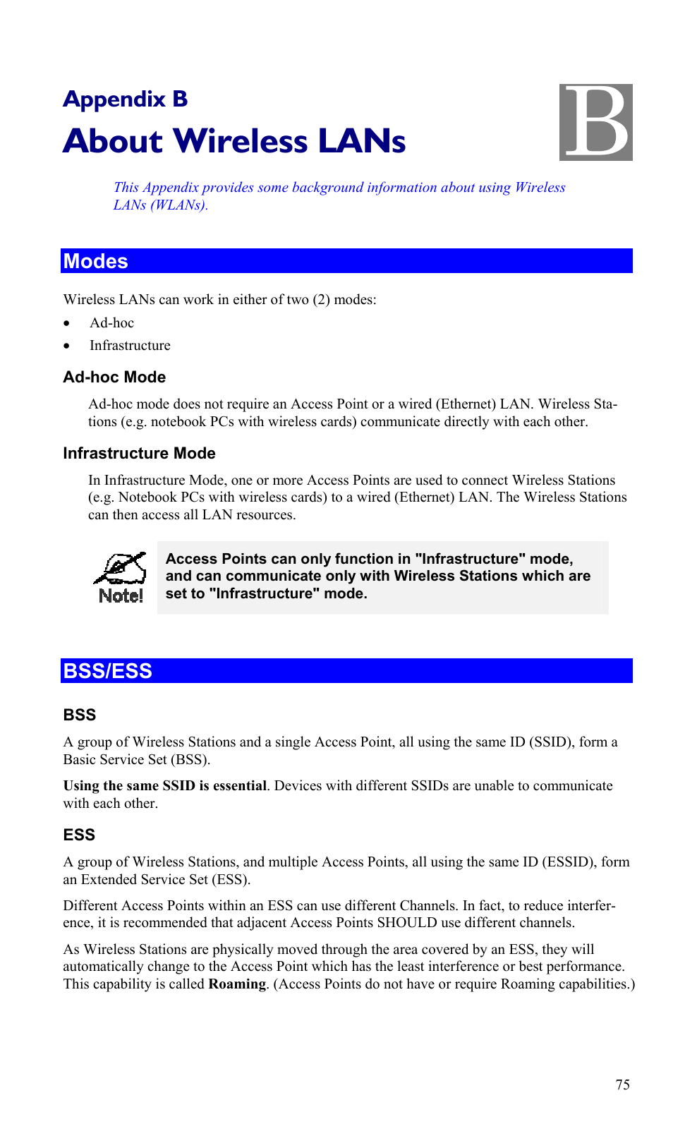 Appendix b about wireless lans, Modes, Bss/ess | About wireless lans, Appendix b | TRENDnet TEW-435BRM User Manual | Page 78 / 81