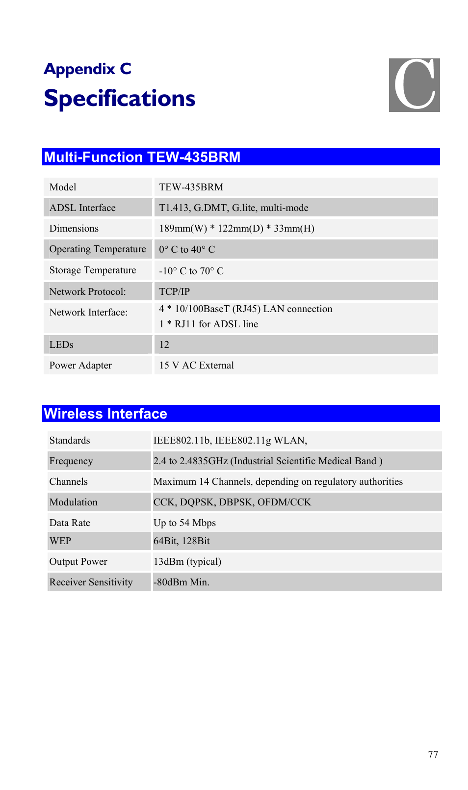 Appendix c specifications, Multi-function tew-435brm, Wireless interface | Specifications, Appendix c | TRENDnet TEW-435BRM User Manual | Page 80 / 81